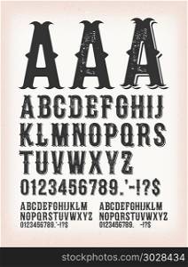 Vintage Classic Western And Tattoo ABC Font. Illustration of a set of retro western design abc typefont, in regular, grunge and shadow version, also working for tattoo, on vintage and grunge background