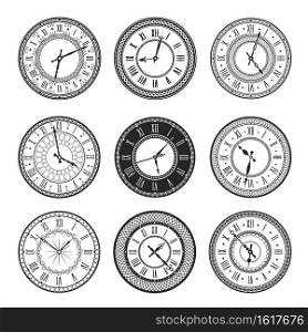 Vintage clock face isolated vector icons of antique watches with black and white round dials. Wall timepieces with roman numerals, ornate clock hands and geometric ornaments, time measurement device. Vintage clock face isolated icons of watch dials