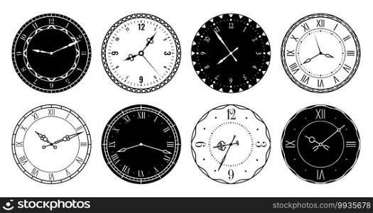 Vintage clock faces. Elegant design retro parts watches with roman and arabic numerals, ornamental black and white frames, carved clock hands show various times. Stylized interior decor vector set. Vintage clock faces. Elegant design retro parts watches with roman and arabic numerals, black and white frames, carved clock hands show various times. Stylized interior decor vector set