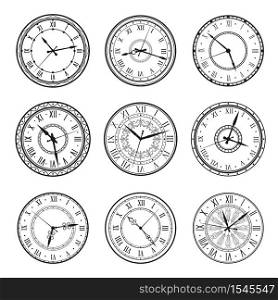 Vintage clock faces, vector retro watch dials signs. Ornate watchface with clock hands, roman numerals and antique ornament design. Elegant classic hour time symbols, isolated monochrome icons set. Vintage clock faces, vector retro watch dial signs