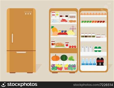 Vintage Closed and Opened Refrigerator Full Of Food and drink, fruit and vegetable, Vector Illustration.