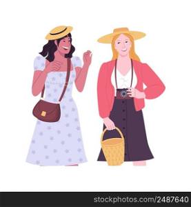 Vintage clothes isolated cartoon vector illustrations. Girls wearing in vintage dresses walking the street together, friends lifestyle, buying new clothes and accessories vector cartoon.. Vintage clothes isolated cartoon vector illustrations.