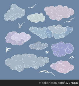 Vintage clouds set. Hand drawn vector illustration. Design element.