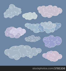 Vintage clouds set. Hand drawn vector illustration. Design element.