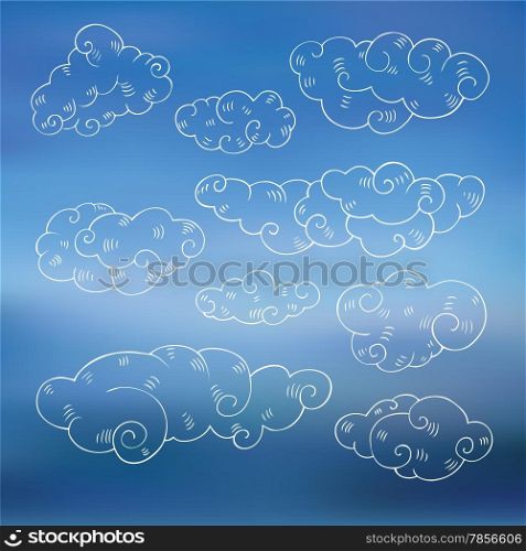 Vintage clouds set. Hand drawn vector illustration. Design element.