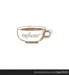 Vintage coffee and cup vector illustration. A cup of coffee or espresso. Pencil drawn in vintage engraving style. Isolated on a white background.