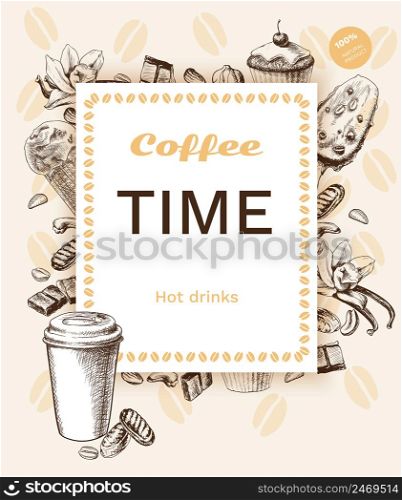 Vintage coffee poster with rectangular frame different ingredients and sweet products in hand drawn style vector illustration. Vintage Coffee Poster