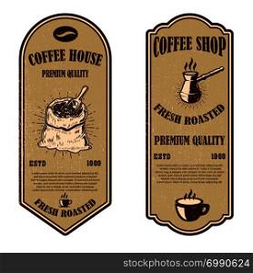 Vintage coffee shop flyer templates. Design elements for logo, label, sign, badge. Vector illustration