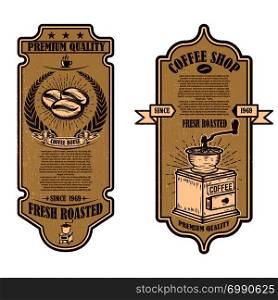 Vintage coffee shop flyer templates. Design elements for logo, label, sign, badge. Vector illustration