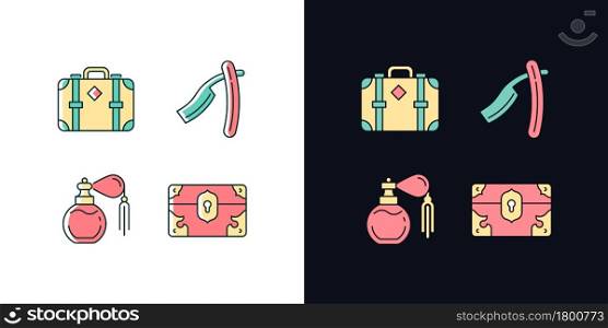 Vintage collection light and dark theme RGB color icons set. Leather suitcase. Straight razor. Treasure box. Isolated vector illustrations on white and black space. Simple filled line drawings pack. Vintage collection light and dark theme RGB color icons set