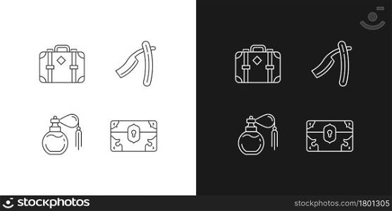 Vintage collection linear icons set for dark and light mode. Leather suitcase. Straight razor. Treasure box. Customizable thin line symbols. Isolated vector outline illustrations. Editable stroke. Vintage collection linear icons set for dark and light mode