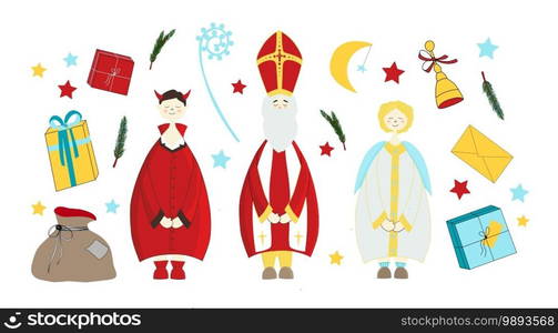 Vintage collection with st nicholas day stickers. Holiday greeting. Vector template collection. Vector design element. Celebration, design, vector. White background.. Vintage collection with st nicholas day stickers. Holiday greeting. Vector template collection. Vector design element. Celebration, design, vector. White background