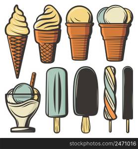 Vintage colored ice creams set in waffle cones on sticks with different flavors ingredients and sundae isolated vector illustration. Vintage Colored Ice Creams Set