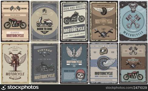 Vintage colored motorcycle posters set with classic motorbikes scooter moto parts vector illustration. Vintage Colored Motorcycle Posters Set