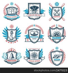 Vintage colored nautical emblems set with marine and sailing elements on heraldic shields isolated vector illustration. Vintage Colored Nautical Emblems Set