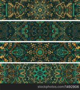 Vintage colored ornamental vector ethnic banner set. Tribal geometric doodle ornamental templates. American indian boho style background collection. Abstract vector seamless ethnic geometric banner background set