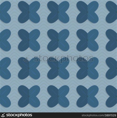 Vintage colored simple seamless pattern. Background with paper fold and 3d realistic shadow.Retro fold blue four pedal flowers on waves.