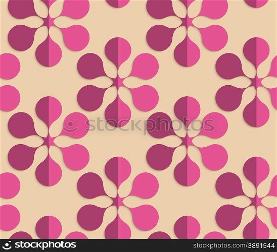 Vintage colored simple seamless pattern. Background with paper fold and 3d realistic shadow.Retro fold purple six pedal flowers.