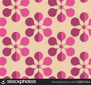 Vintage colored simple seamless pattern. Background with paper fold and 3d realistic shadow.Retro fold purple six pedal flowers.