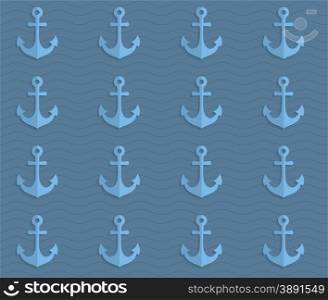 Vintage colored simple seamless pattern. Background with paper fold and 3d realistic shadow.Retro fold blue anchors on waves.