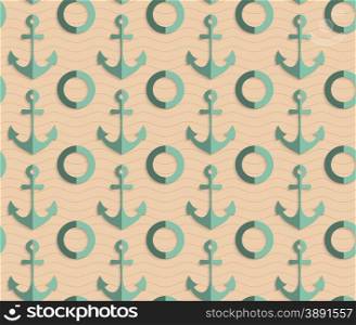 Vintage colored simple seamless pattern. Background with paper fold and 3d realistic shadow.Retro fold sea green anchors.