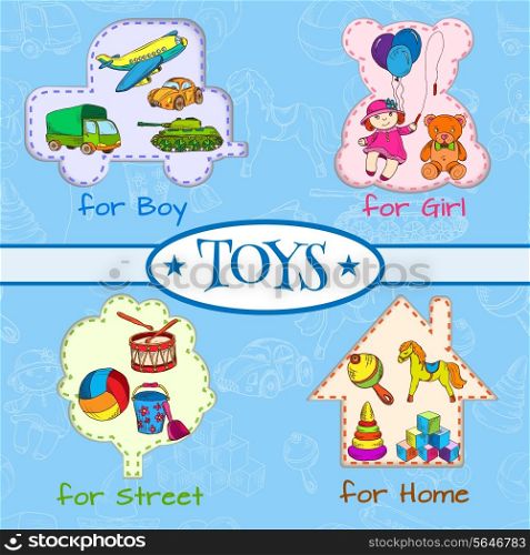 Vintage colored sketch kids toys for boys girls street and home composition on outline background vector illustration