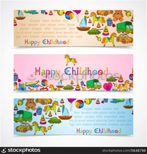 Vintage colored sketch outline kids toys happy childhood horizontal banners set isolated vector illustration