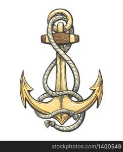 Vintage colorful anchor with Ropes drawn in Tattoo style.
