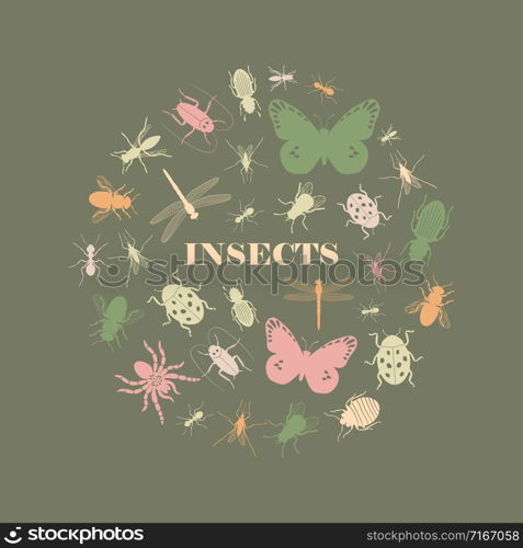 Vintage colors insect icons in round shape, vector illustration. Vintage insect icons round shape