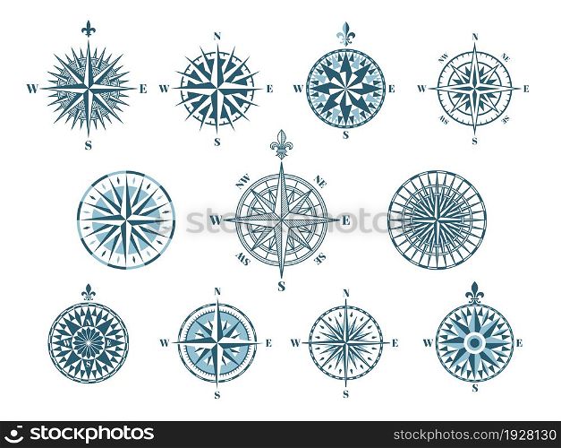 Vintage compass. Wind rose icons, map cartography. Geographic and discovery, travel forest adventures equipment. Nautical logo vector set. Illustration of compass north and south, west and east. Vintage compass. Wind rose icons, map cartography elements. Geographic and discovery, travel forest adventures equipment. Nautical logo tidy vector set