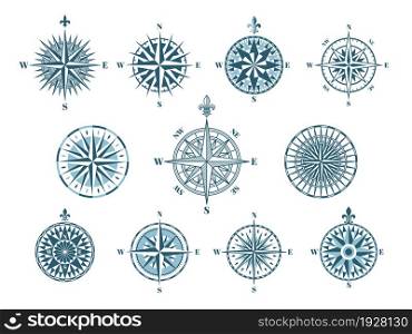Vintage compass. Wind rose icons, map cartography. Geographic and discovery, travel forest adventures equipment. Nautical logo vector set. Illustration of compass north and south, west and east. Vintage compass. Wind rose icons, map cartography elements. Geographic and discovery, travel forest adventures equipment. Nautical logo tidy vector set