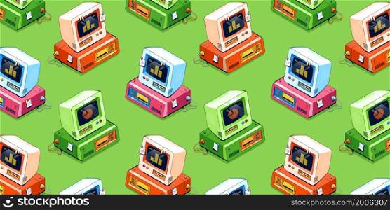 Vintage computers, old desktop pc with monitor and floppy disk drive. Vector illustration with isometric colored retro personal computers for home and office on green background. Isometric vintage computers, old desktop pc