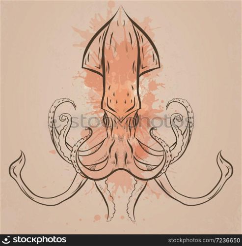 Vintage contour illustration of squid with watercolor splashes. Linear illustration for printing on T-shirts, covers, sketches of tattoos and your design.. Vintage contour illustration of squid with watercolor splashes.