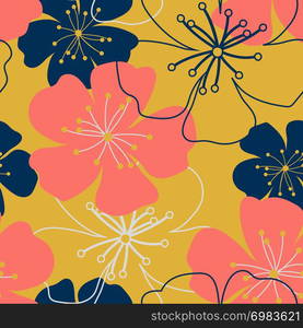 Vintage Coral, dark blue, golden flowers. Shabby chic purple millefleurs. Wallpaper simple cute seamless pattern. Liberty style. Floral background for cloth, manufacturing, print, wrap scrapbooking. Vintage Coral, dark blue, golden flowers. Shabby chic purple millefleurs. Wallpaper simple cute seamless pattern