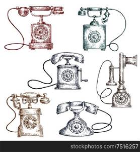 Vintage corded phones sketches in engraving style with colorful telephones. Communication or contact us themes design. Vintage corded telephones sketches
