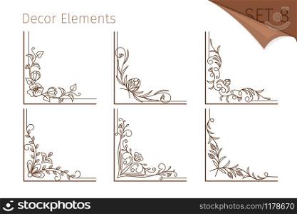 Vintage corner elements. Ornate line floral corners decorative design swirls for retro frames. Vintage line floral corners