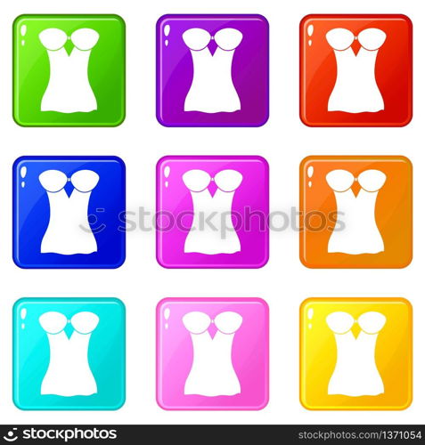 Vintage corset icons set 9 color collection isolated on white for any design. Vintage corset icons set 9 color collection