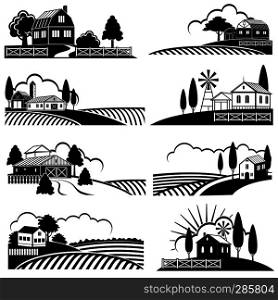 Vintage countryside landscape with farm scene. Vector backgrounds in woodcut style. Landscape vintage farm, countryside scene illustration. Vintage countryside landscape with farm scene. Vector backgrounds in woodcut style