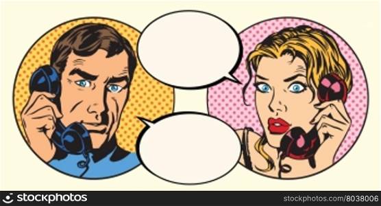 Vintage couple man and woman talking on the phone pop art retro vector. Vintage couple man and woman talking on the phone