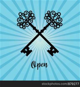 Vintage crossed keys silhouette on blue background with text open, vector illustration. Vintage crossed keys on blue background