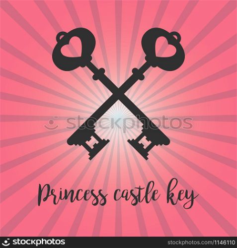 Vintage crossed keys silhouette on pink background with princess castle key text. Vector illustration. Vintage crossed keys on pink background