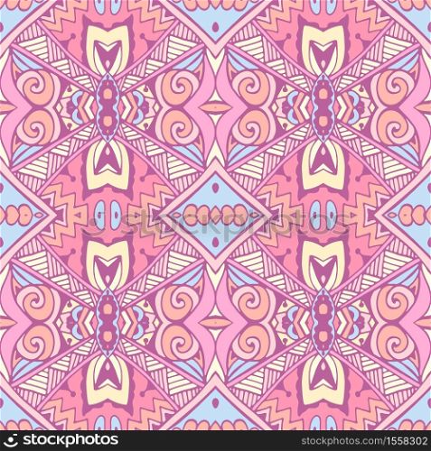 Vintage cute pink tile art seamless pattern. Ethnic geometric print. Ornamental repeating background texture. Fabric, cloth design, wallpaper, wrapping. Colorful Tribal Ethnic Festive Abstract Floral Vector Pattern. Geometric mandala seamless design
