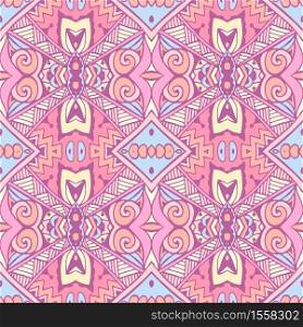 Vintage cute pink tile art seamless pattern. Ethnic geometric print. Ornamental repeating background texture. Fabric, cloth design, wallpaper, wrapping. Colorful Tribal Ethnic Festive Abstract Floral Vector Pattern. Geometric mandala seamless design