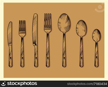 Vintage cutlery set vector design. Hand drawn knife, fork, spoon in sketch engraving style isolated on background illustration. Vintage cutlery set vector design. Hand drawn knife, fork, spoon in sketch engraving style