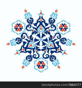 Vintage damask pattern with floral elements. Arabesque ornament. Blue, red, white colors. Decorative tiles with ornaments. Vector illustration.. Vintage damask pattern with floral elements.