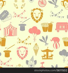 Vintage decorate circus tent with clown magical wand seamless wrap paper pattern in red orange gray color vector illustration