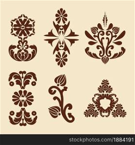 Vintage decorations for flower painting. Mehndi pattern. Damask patterns. Brown, beige color. For the design of wall, menus, wedding invitations or labels, for laser cutting, marquetry.. Vintage decorations. Mehndi pattern.