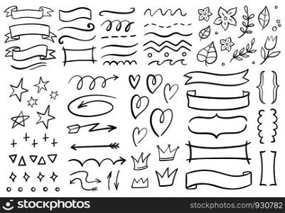 Vintage decorative doodles. Hand drawn ribbon, outline arrows and doodle holidays cards decorations. Flower, heart, star and curved lines black ink ornate. Isolated vector symbols set. Vintage decorative doodles. Hand drawn ribbon, outline arrows and doodle holidays cards decorations vector set