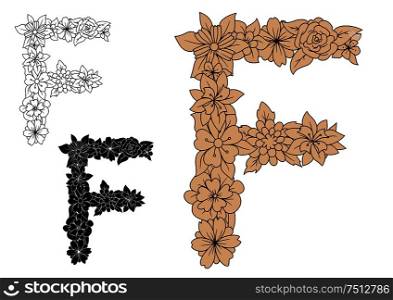 Vintage decorative floral capital letter F, composed of flowers and leaves, for font, monogram or page decoration design