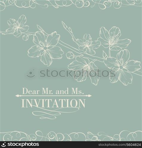 Vintage decorative invitation card with sakura . Vector illustration.